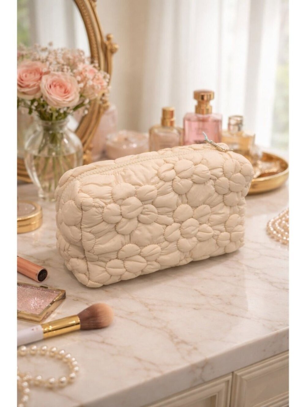 New Soft Puffy Flower Daisy Tan / Cream Makeup Bag Nylon Cosmetic Bag